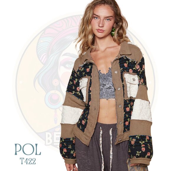 POL Jackets & Blazers - T422 POL Moss Indigo Jacquard Waffle Colorblock Floral Jacket